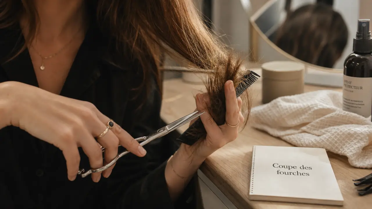 Couper fourches cheveux avec ciseaux de coiffure, pointes nettes