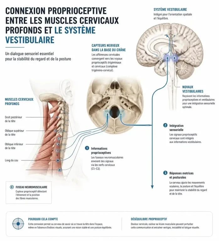 Schéma explicatif du mécanisme du vertige cervical et du rôle des muscles du cou dans l'équilibre