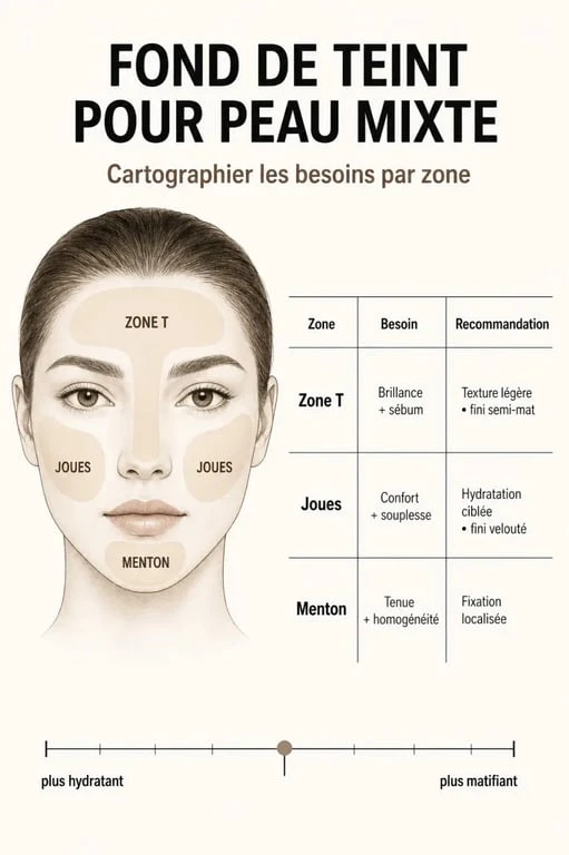 Peau mixte quel fond de teint : visuel comparatif des textures, finis et zones de fixation recommandés