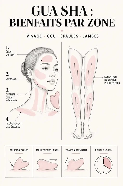 Gua sha bienfaits illustrés par zone du visage et du corps