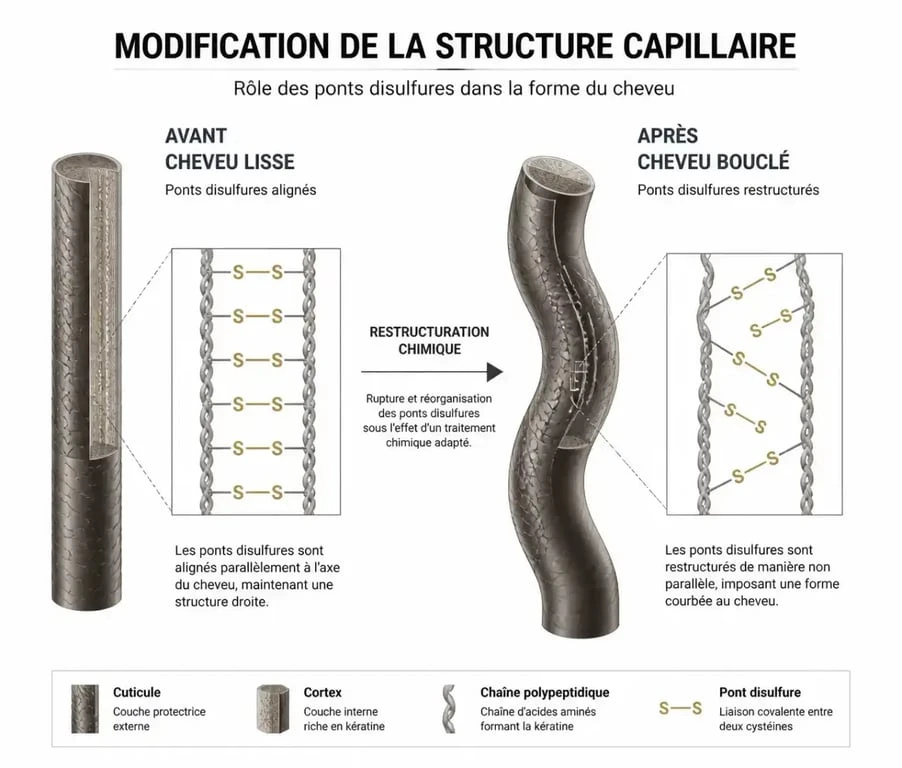 Schéma explicatif du fonctionnement de la permanente pour homme sur la fibre capillaire