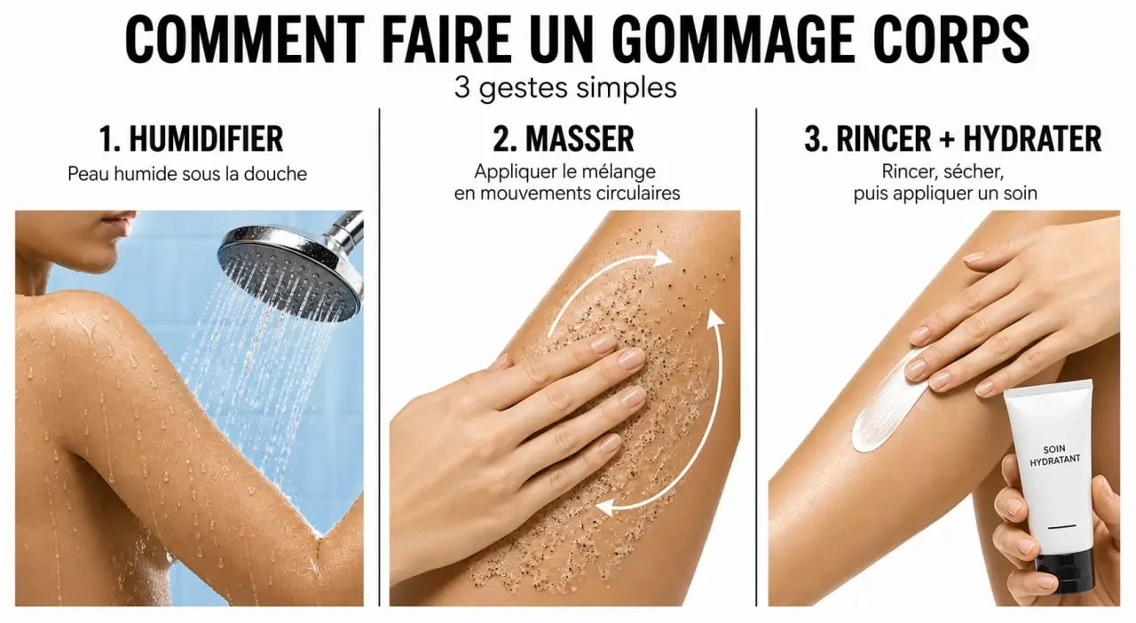 Comment faire un gommage corps : étapes d’application sur peau humide, mouvements circulaires puis hydratation