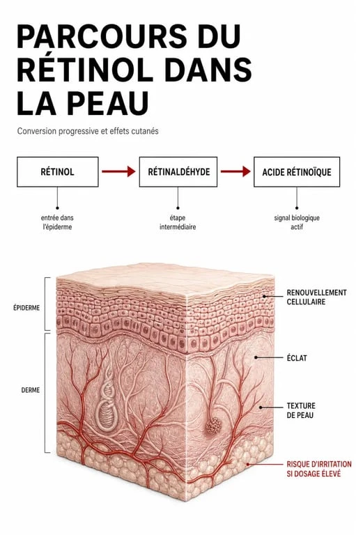 Schéma du retinol c'est quoi : transformation du rétinol en rétinaldéhyde puis en acide rétinoïque dans la peau
