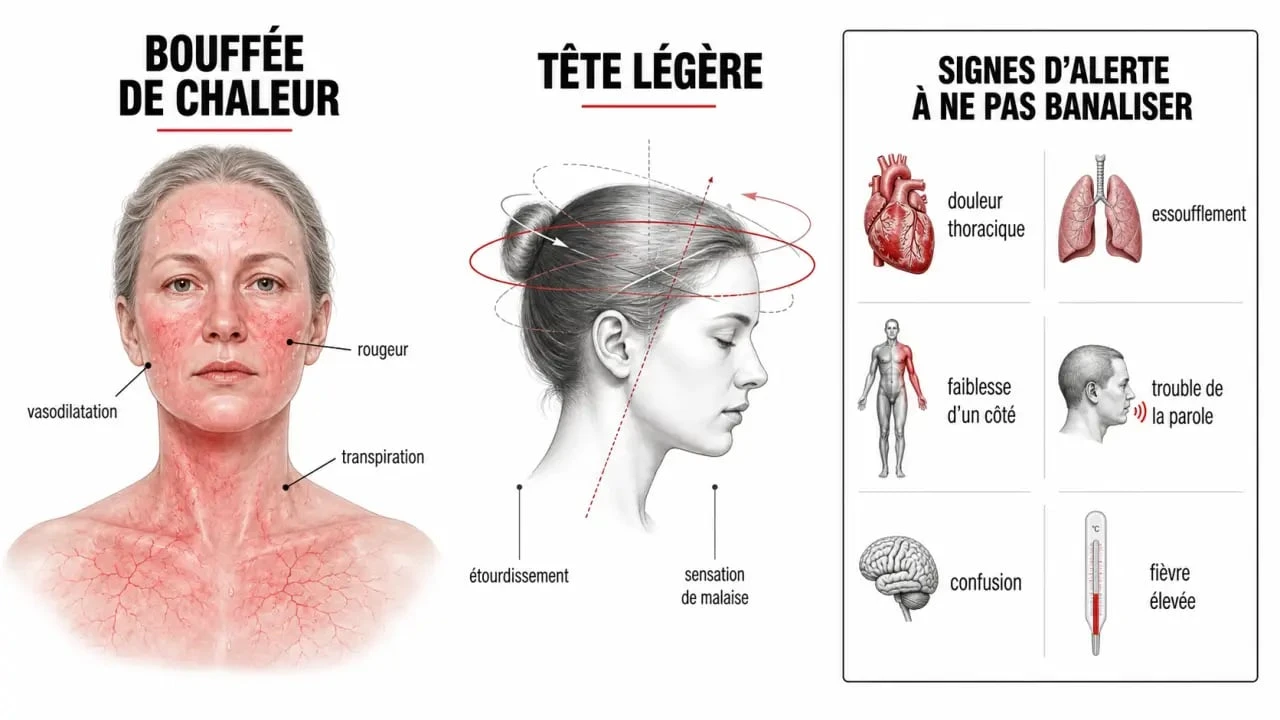 Bouffé de chaleur et vertige : schéma des causes possibles et des signes d’alerte