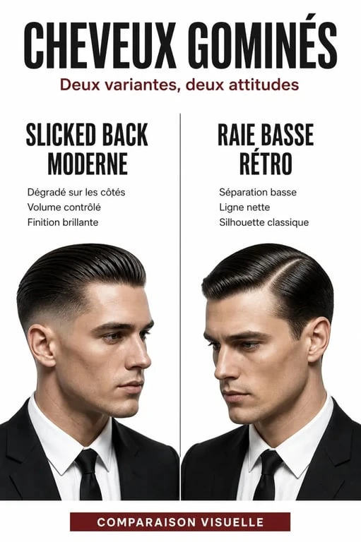 Comparaison de styles de cheveux gominés modernes et rétro avec dégradé et raie basse