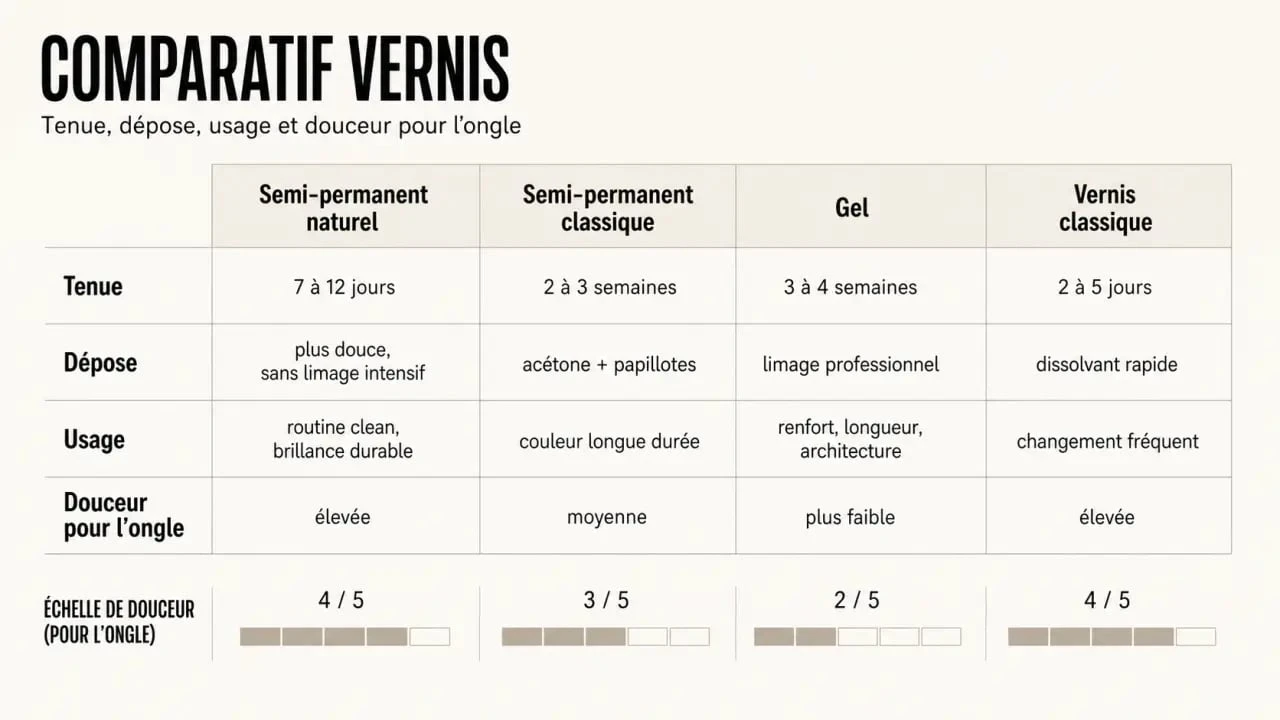Comparaison du vernis semi permanent naturel, du semi-permanent classique, du gel et du vernis classique