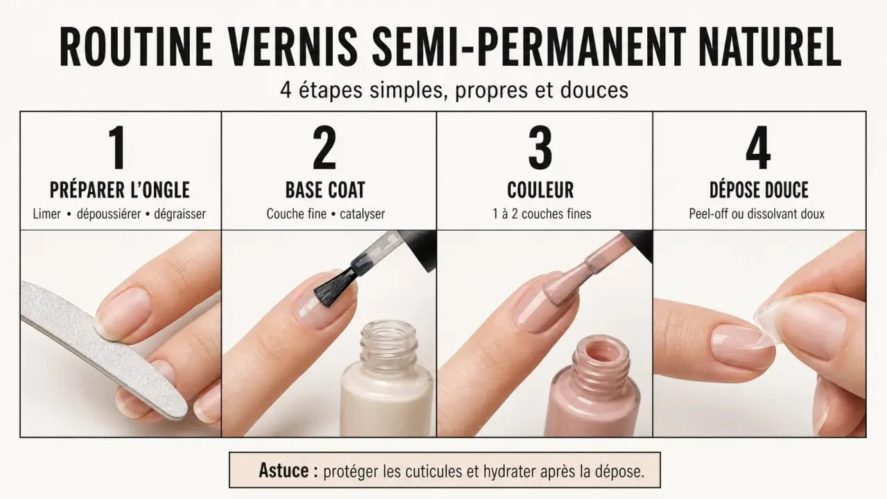 Pose et dépose douce du vernis semi permanent naturel en 4 étapes
