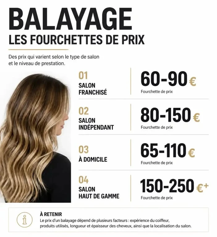 Tableau comparatif des prix d'un balayage chez le coiffeur selon le type de salon