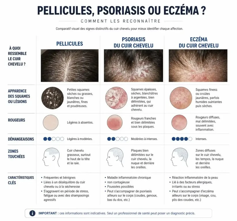 Différences visuelles entre pellicules, psoriasis et eczéma du cuir chevelu