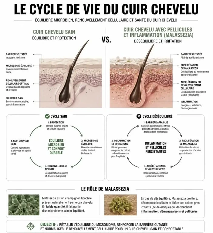 Schéma explicatif des causes des pellicules et des démangeaisons du cuir chevelu