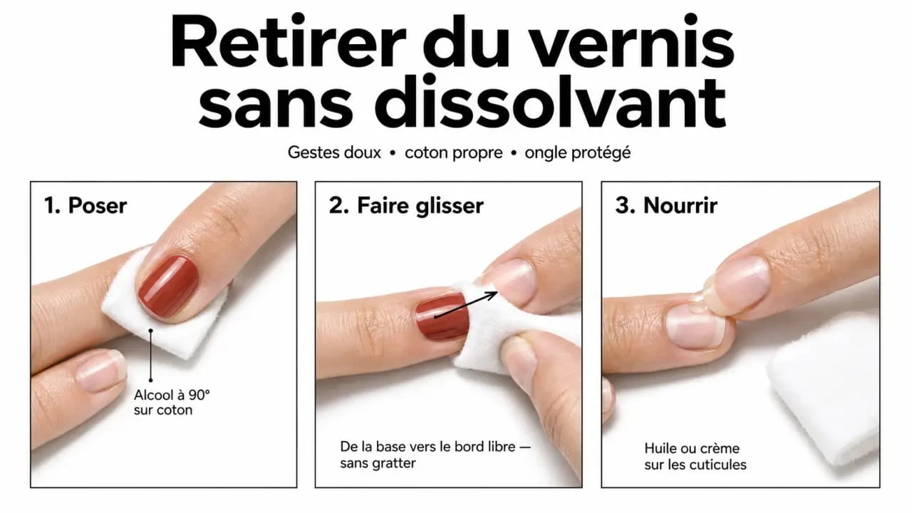 Comment retirer du vernis sans dissolvant avec coton imbibé d’alcool à 90° et soin des cuticules