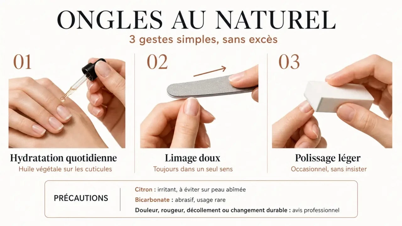 Routine des ongles au naturel avec hydratation, limage doux et polissage léger