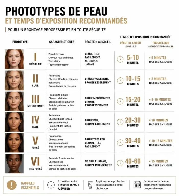 Tableau des phototypes de peau et temps d'exposition conseillés pour bronzer avec un indice 50