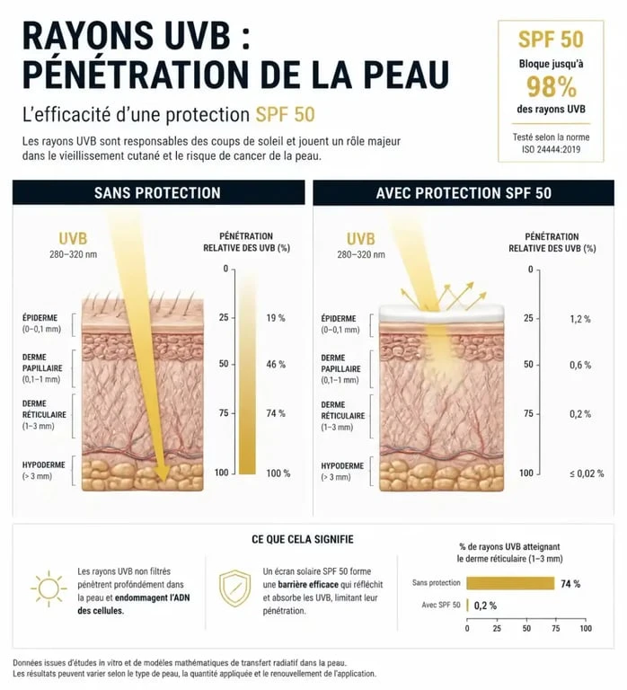Schéma explicatif de la pénétration des rayons UV avec une protection solaire SPF 50 pour bronzer en toute sécurité