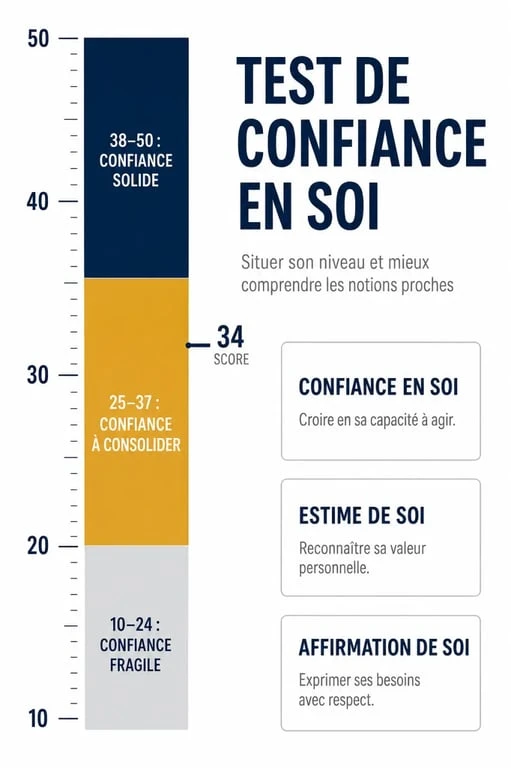 Test confiance en soi : jauge de score et comparaison entre confiance, estime de soi et affirmation de soi