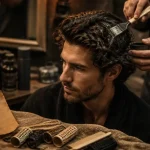 Permanente cheveux homme : application lotion sur cheveux ondulés