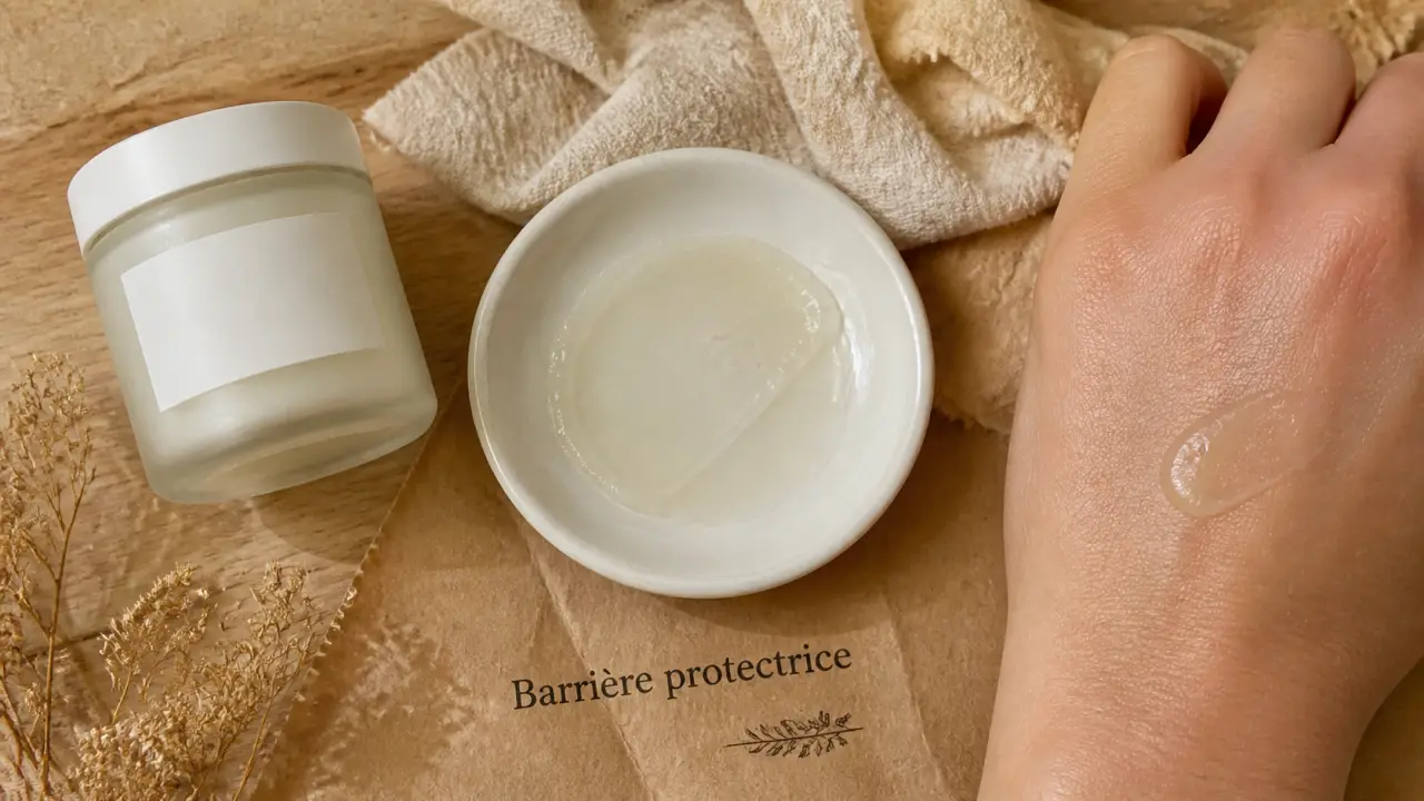 Petroleum jelly en couche fine, barrière protectrice sur peau sèche