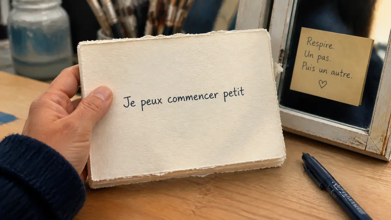 Phrase positive confiance en soi : « Je peux commencer petit » sur un carnet