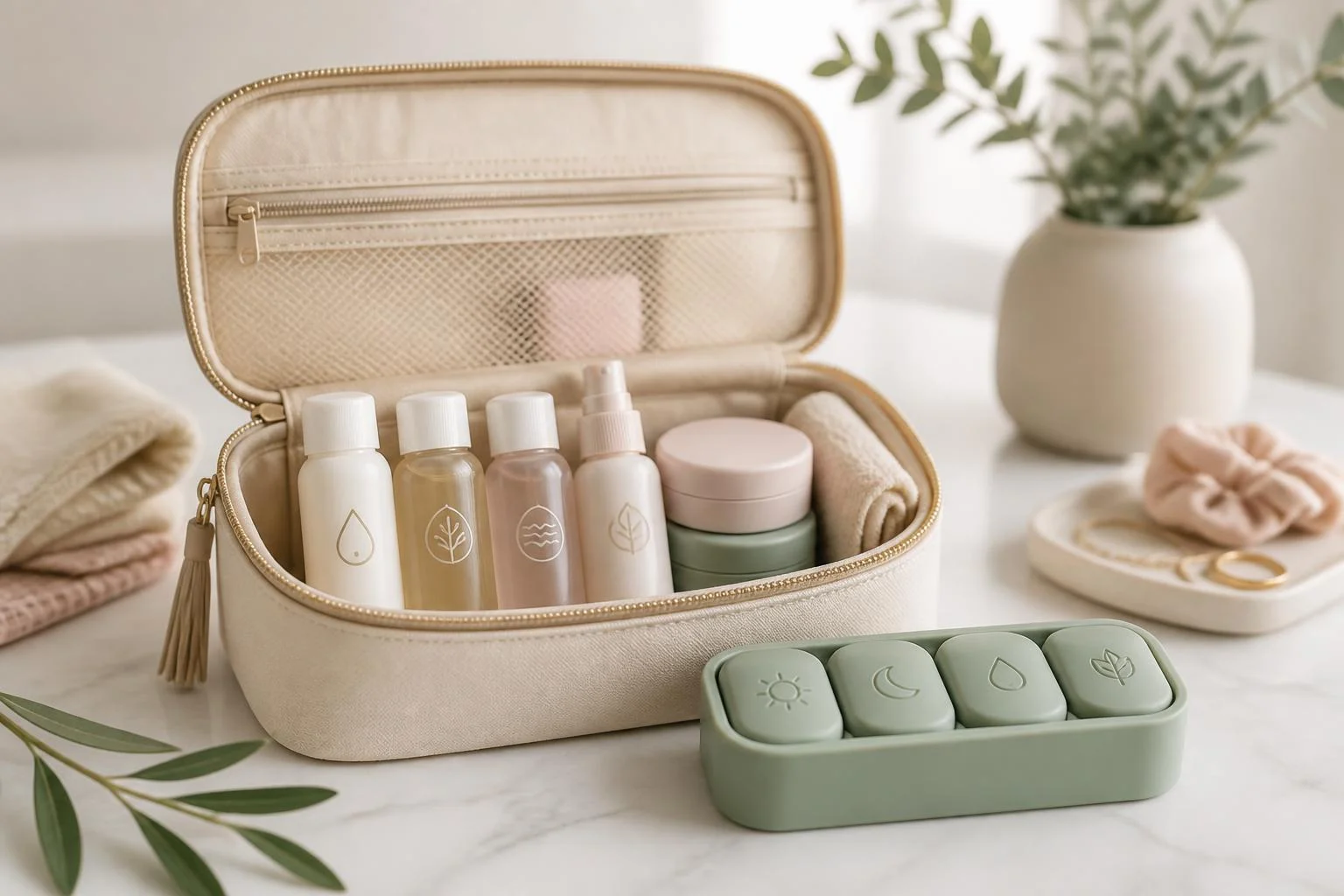 Trousse beauté voyage longue durée : capsule anti-fuite