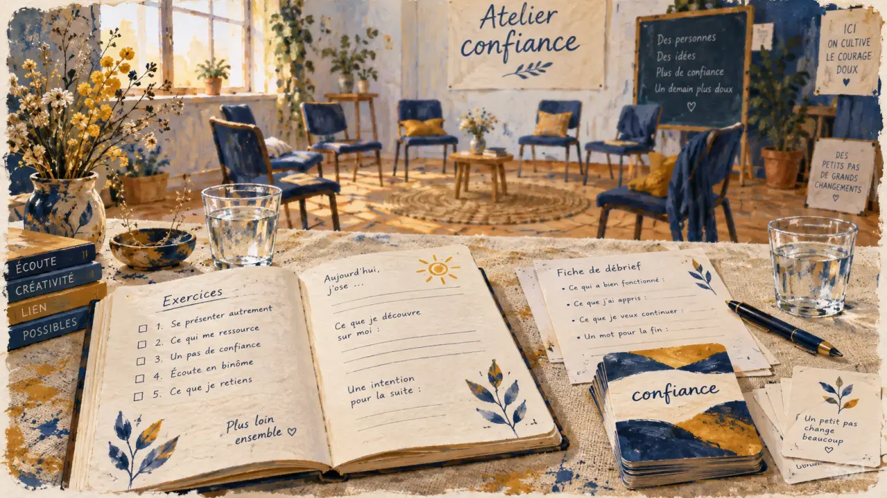 Confiance en soi atelier : carnet et cartes en réunion