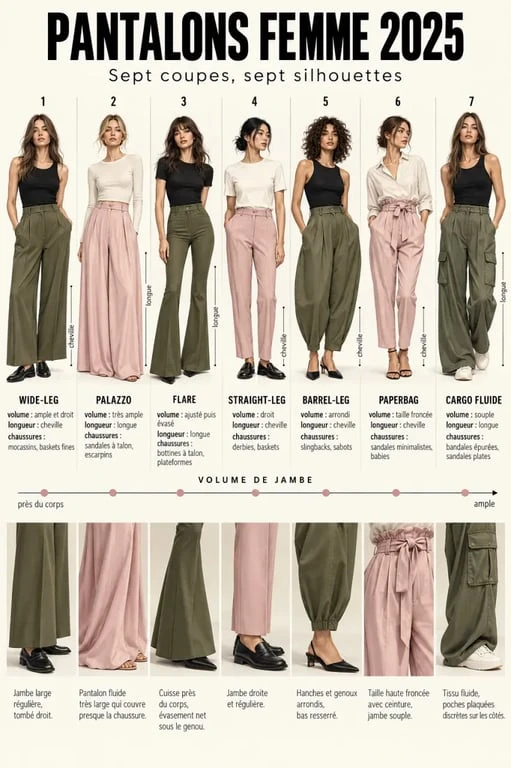 Infographie mode pantalon femme 2025 comparant les coupes wide-leg, palazzo, flare, straight-leg, barrel-leg et cargo