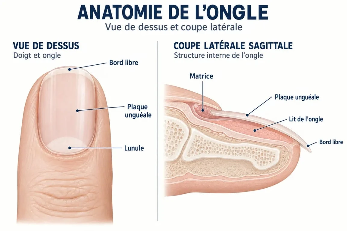 Ongles blanches : schéma de la matrice, de la plaque et du lit unguéal