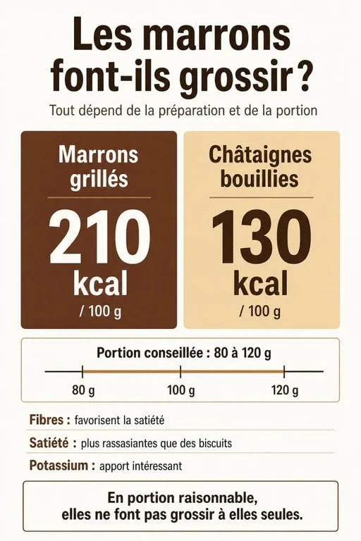 Infographie sur les marrons font-ils grossir, avec les calories des marrons grillés et bouillis et la portion conseillée