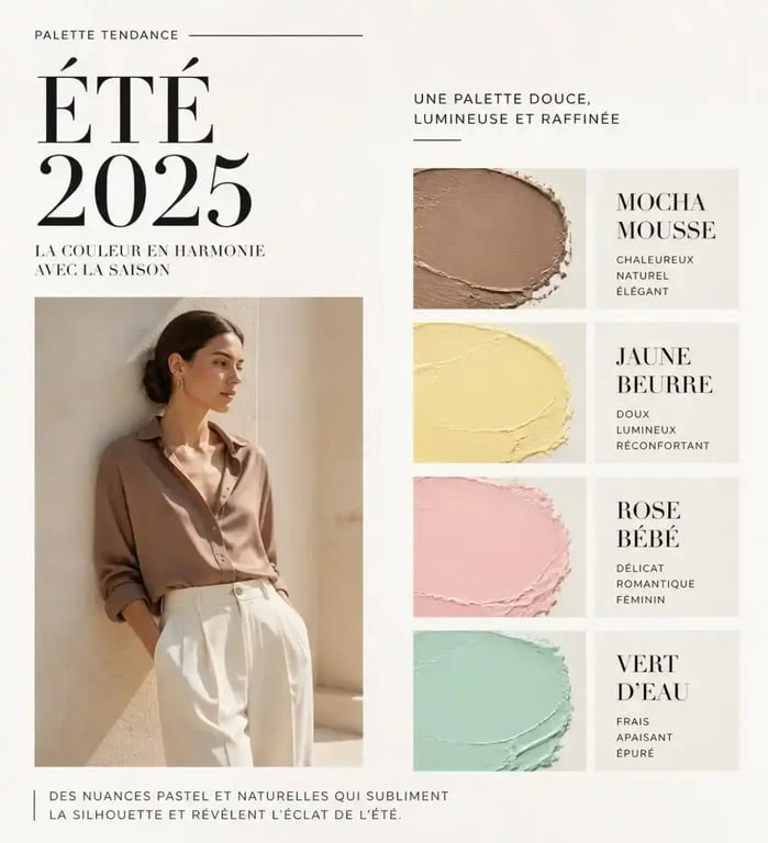 Palette des couleurs mode femme été 2025 : Mocha Mousse, jaune beurre et tons pastel