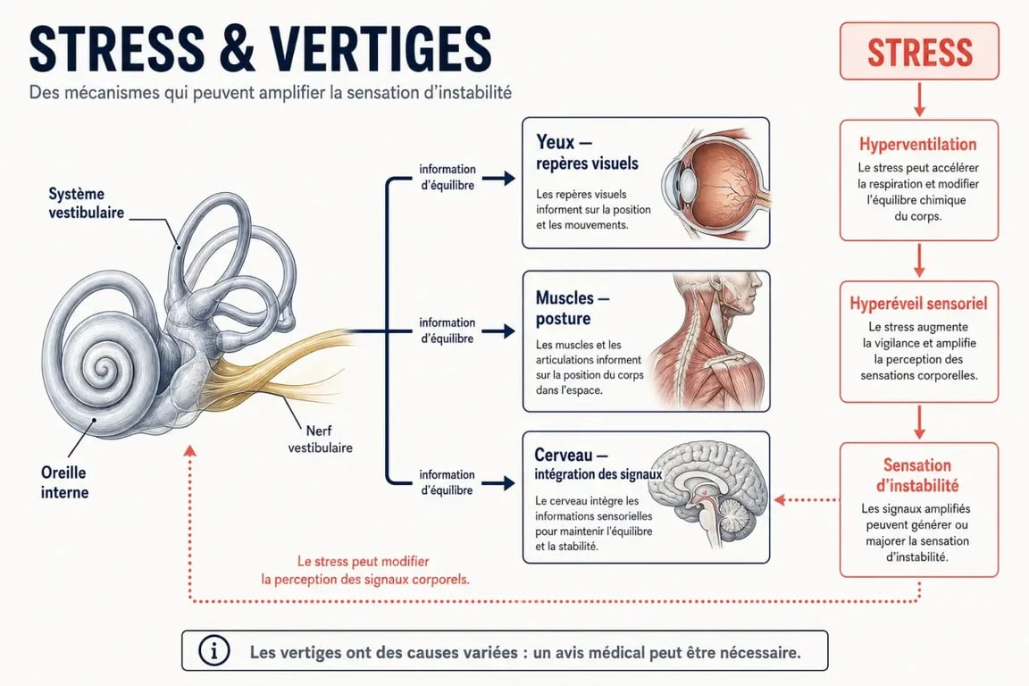 Schéma expliquant le lien entre stress et vertiges et le fonctionnement du système vestibulaire