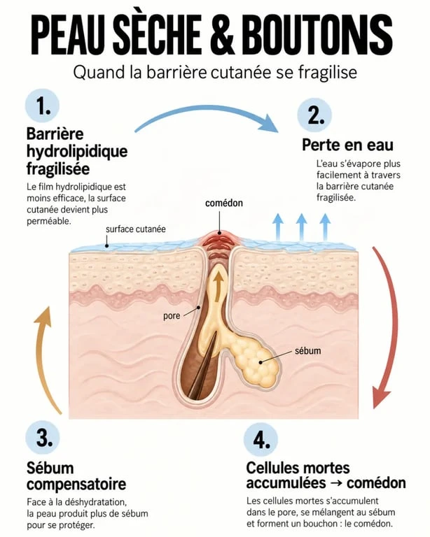 Infographie expliquant le mécanisme des peaux sèches et boutons, de la barrière cutanée fragilisée aux pores obstrués