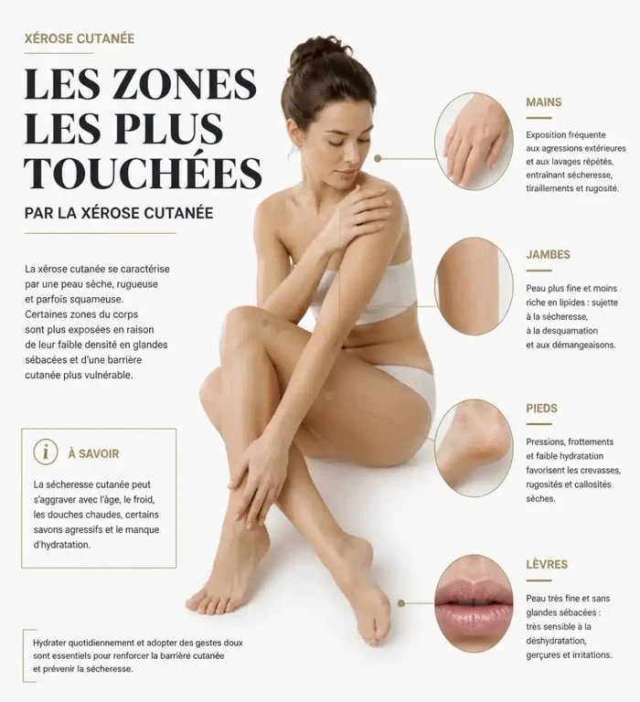 Zones du corps les plus exposées à la xérose cutanée