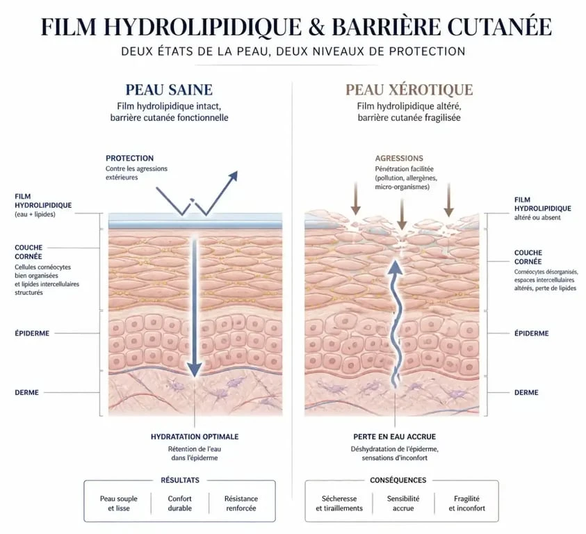 Schéma explicatif de la xérose cutanée et de l'altération de la barrière protectrice de l'épiderme