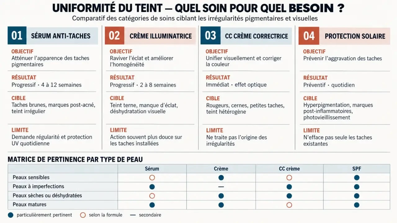 Infographie sur les meilleures marques de soins pour uniformiser le teint selon les irrégularités et le type de peau