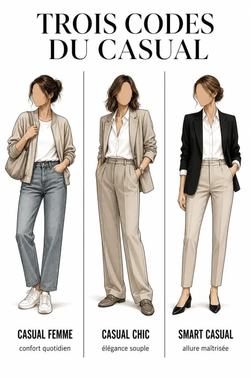 Look casual femme : comparaison visuelle entre casual, casual chic et smart casual
