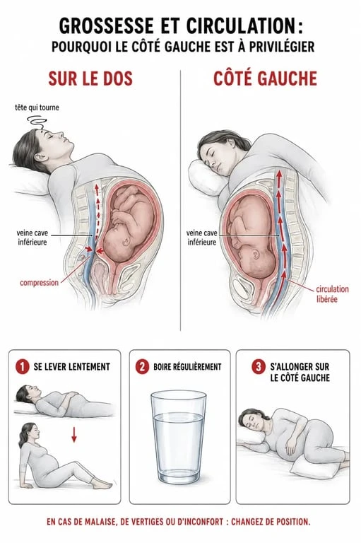 Vertige et grossesse : schéma des causes fréquentes et du côté gauche pour soulager la compression de la veine cave