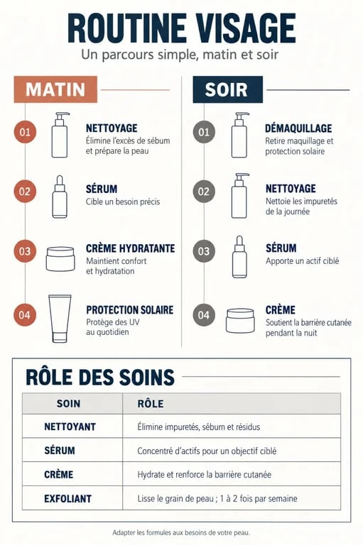 Infographie sur la routine de soin du visage produit et l’ordre d’application des soins