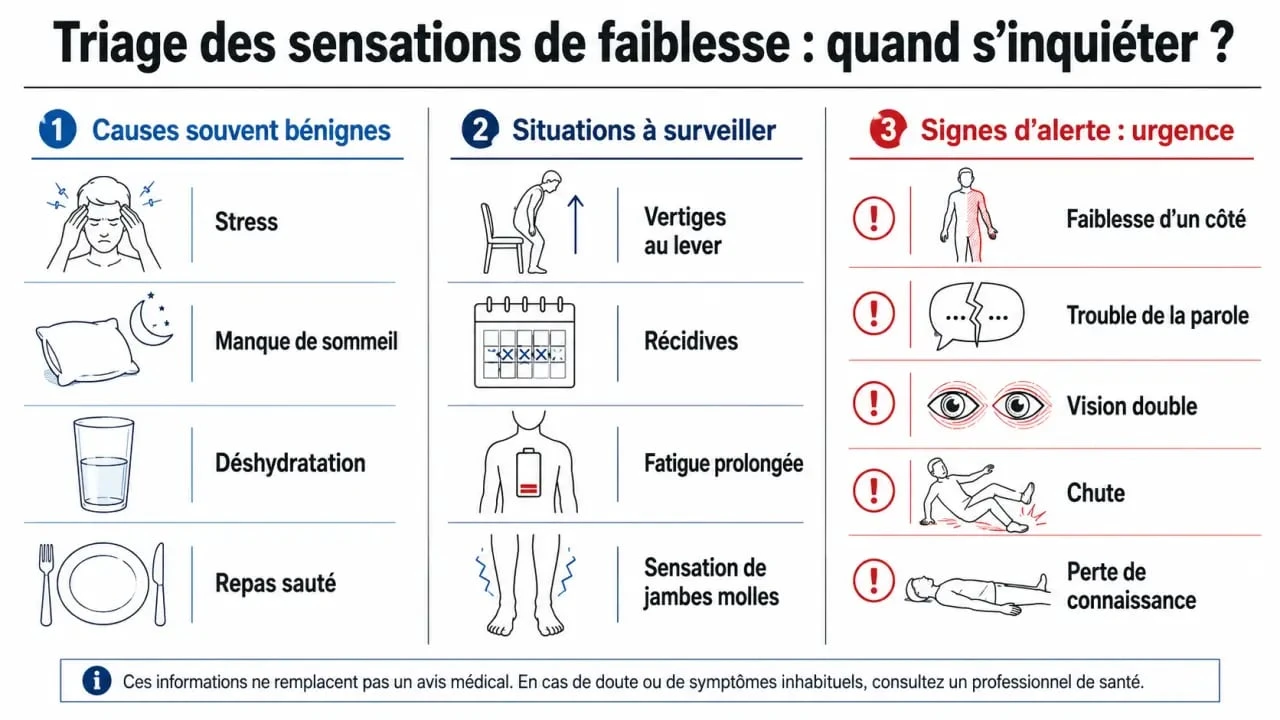 Vertiges fatigue jambes en coton : schéma des causes bénignes et des signes d’alerte