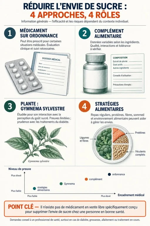 Médicament pour supprimer l envie de sucre : différences entre médicament, complément, plante et stratégies alimentaires