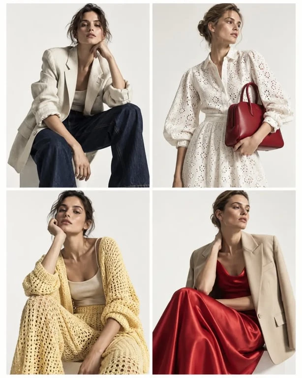Matières et associations de tenues de la mode femme printemps 2026 avec lin, crochet, broderie anglaise et satin