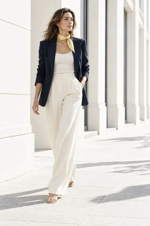 Silhouette tendance mode femme printemps 2026 avec pantalon large, blazer bleu marine et touche de jaune beurre