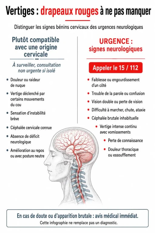 Infographie des signes d'alerte et drapeaux rouges pour les vertiges et douleurs cervicales