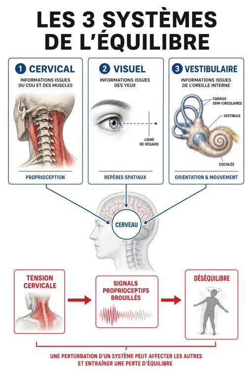 Schéma explicatif du lien entre douleurs cervicales et vertiges via le système proprioceptif