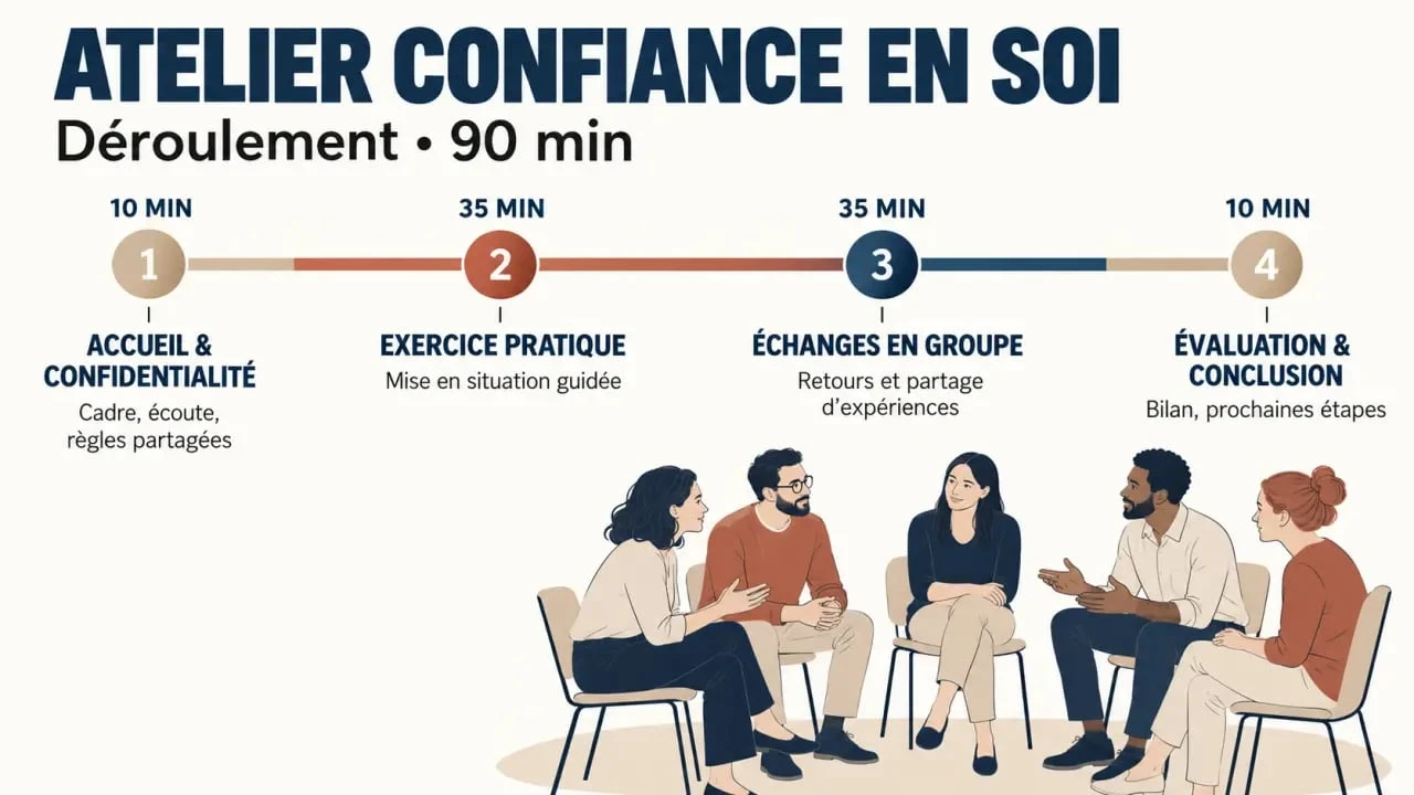 Infographie du déroulement d’un atelier confiance en soi de 90 minutes