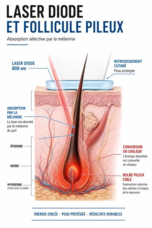 Laser diode épilation : schéma du fonctionnement sur le follicule pileux