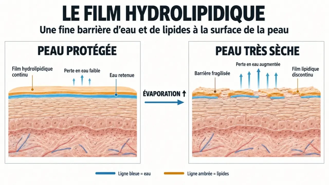 Schéma expliquant la peau des jambes très sèches et la perte en eau liée à une barrière cutanée fragilisée