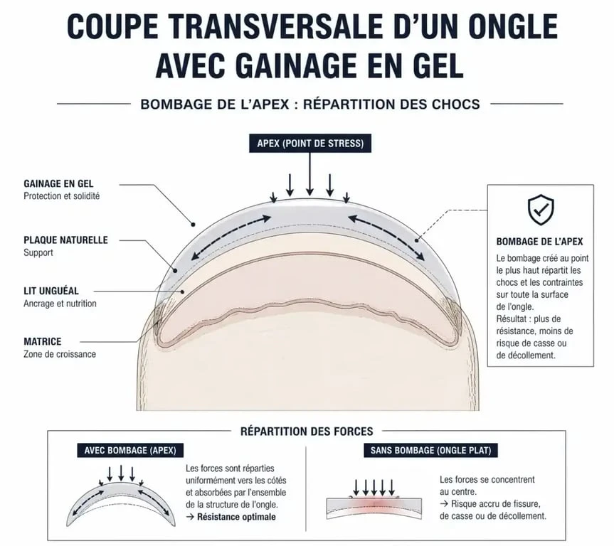 Schéma explicatif de l'apex sur une pose d'ongle gel naturel pour renforcer la solidité.
