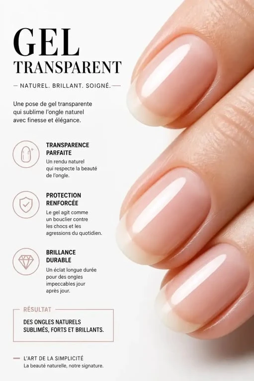 Résultat d'une pose d'ongle gel naturel avec un fini brillant et soigné.