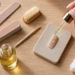 Manucure naturelle : huile d’amande douce et polissoir sur ongles artificiels