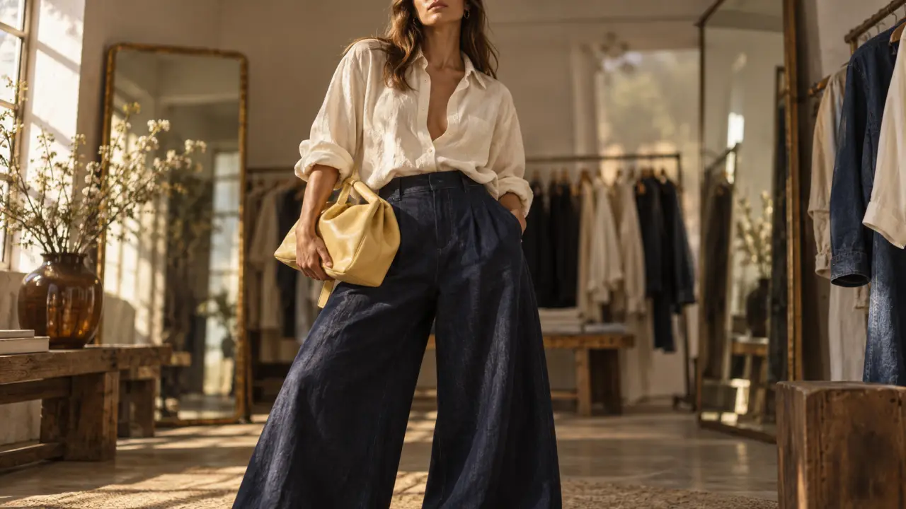 Mode femme printemps 2026 : pantalon bleu marine et chemise en lin