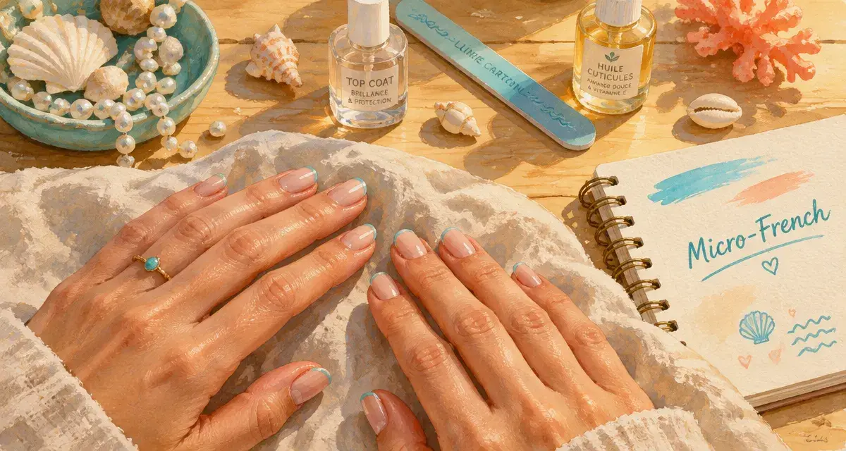 Ongles été : micro-french turquoise et nude milky, manucure solaire durable